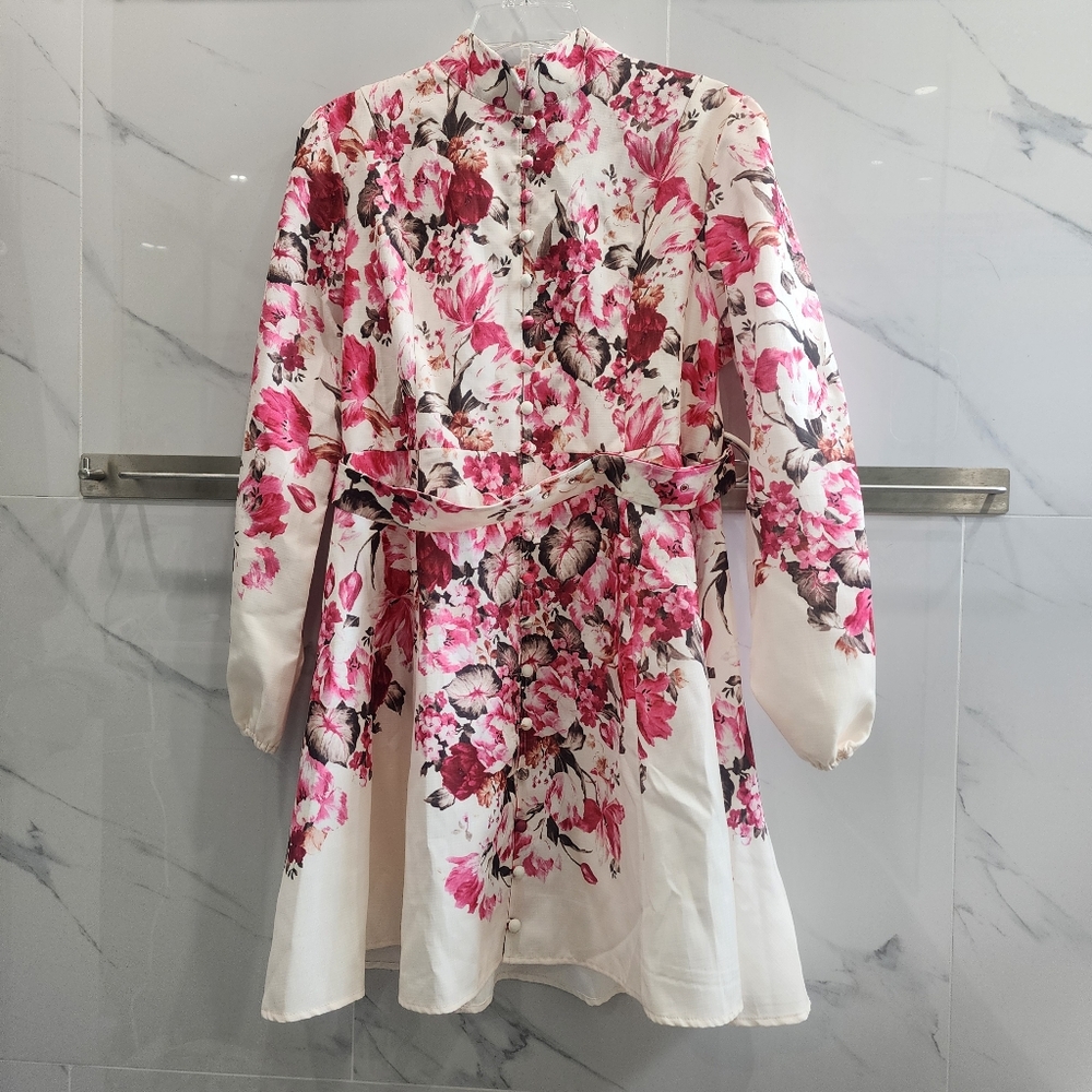 Dalia MacPhee Floral Pink White Button Linen Long Sleeve Dress